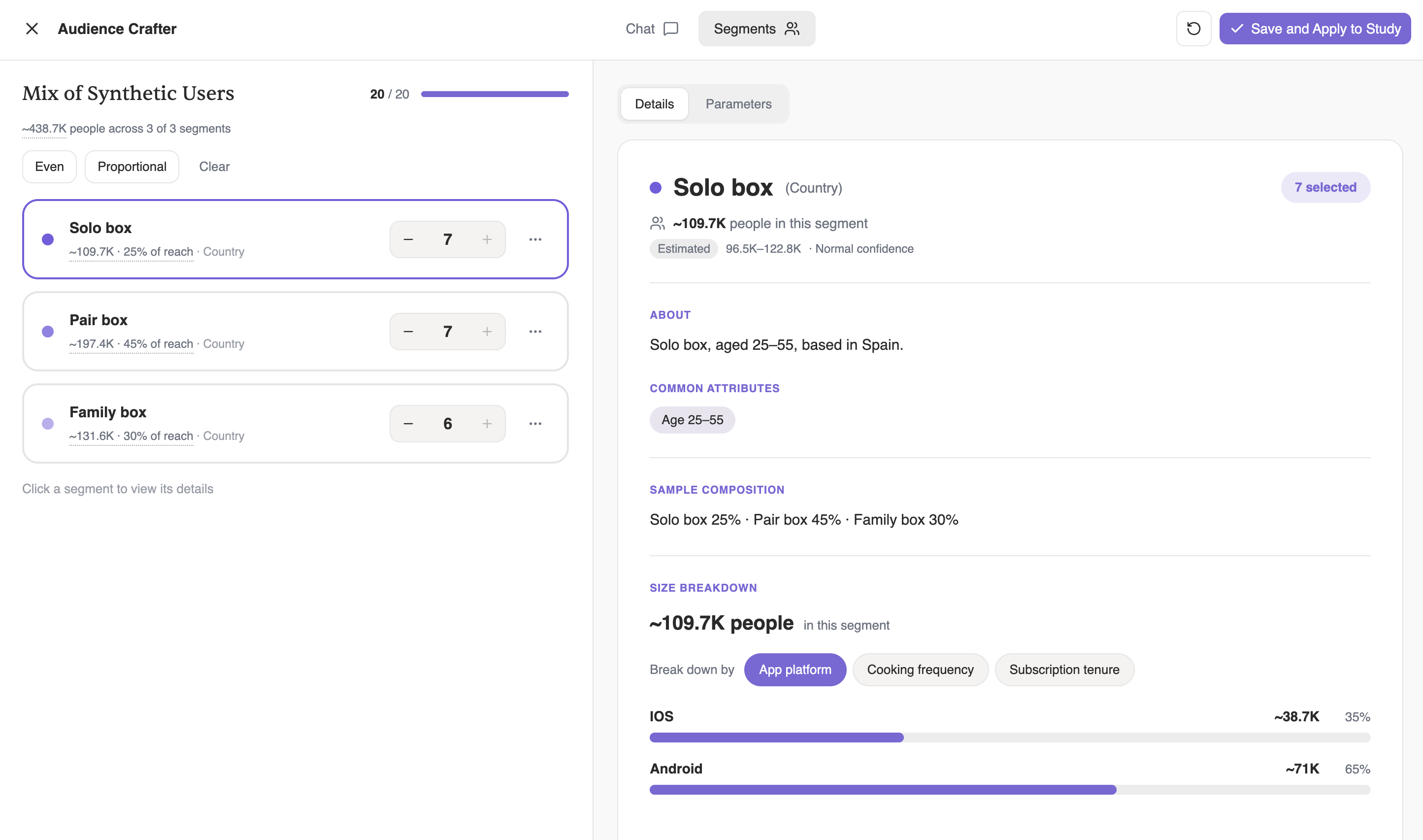 The Segments tab, with 20 synthetic users allocated across three segments and the details of one segment open.