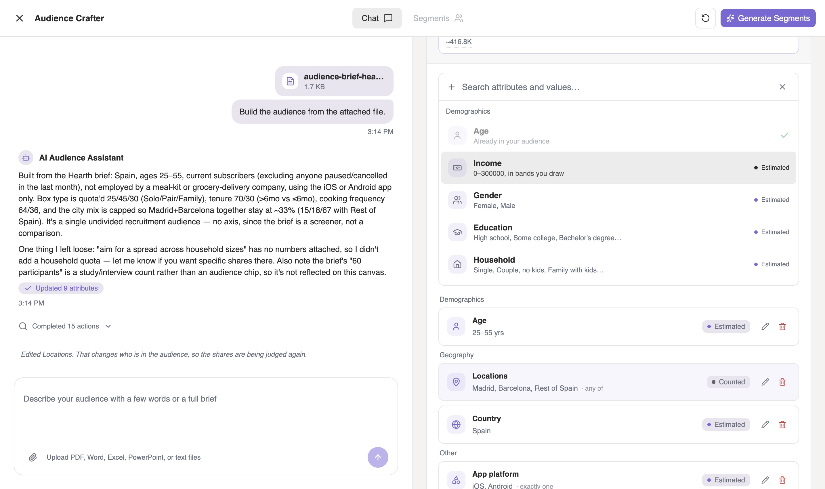 The Add attribute panel open, showing Income, Gender, Education and Household as available attributes.