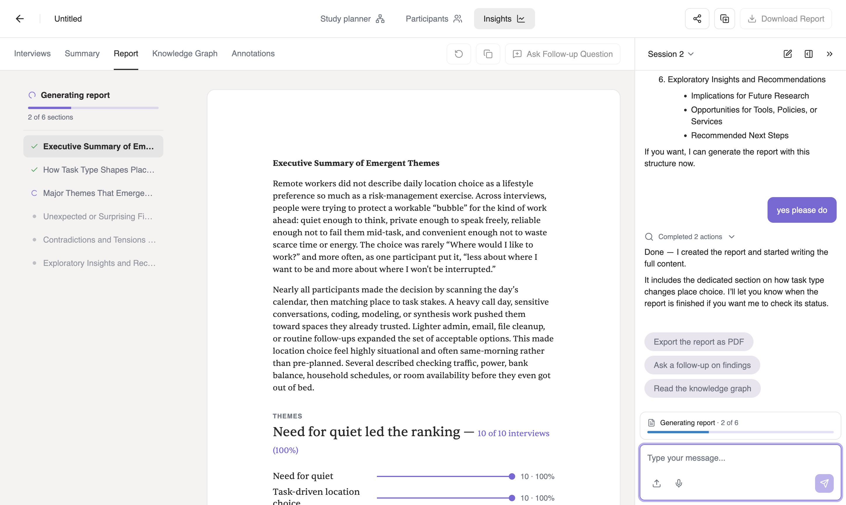 The report two sections into generation: the executive summary written out in full with quantified themes beneath it, the contents list ticking off completed sections, and Iris confirming the report includes the dedicated section on how task type changes place choice.