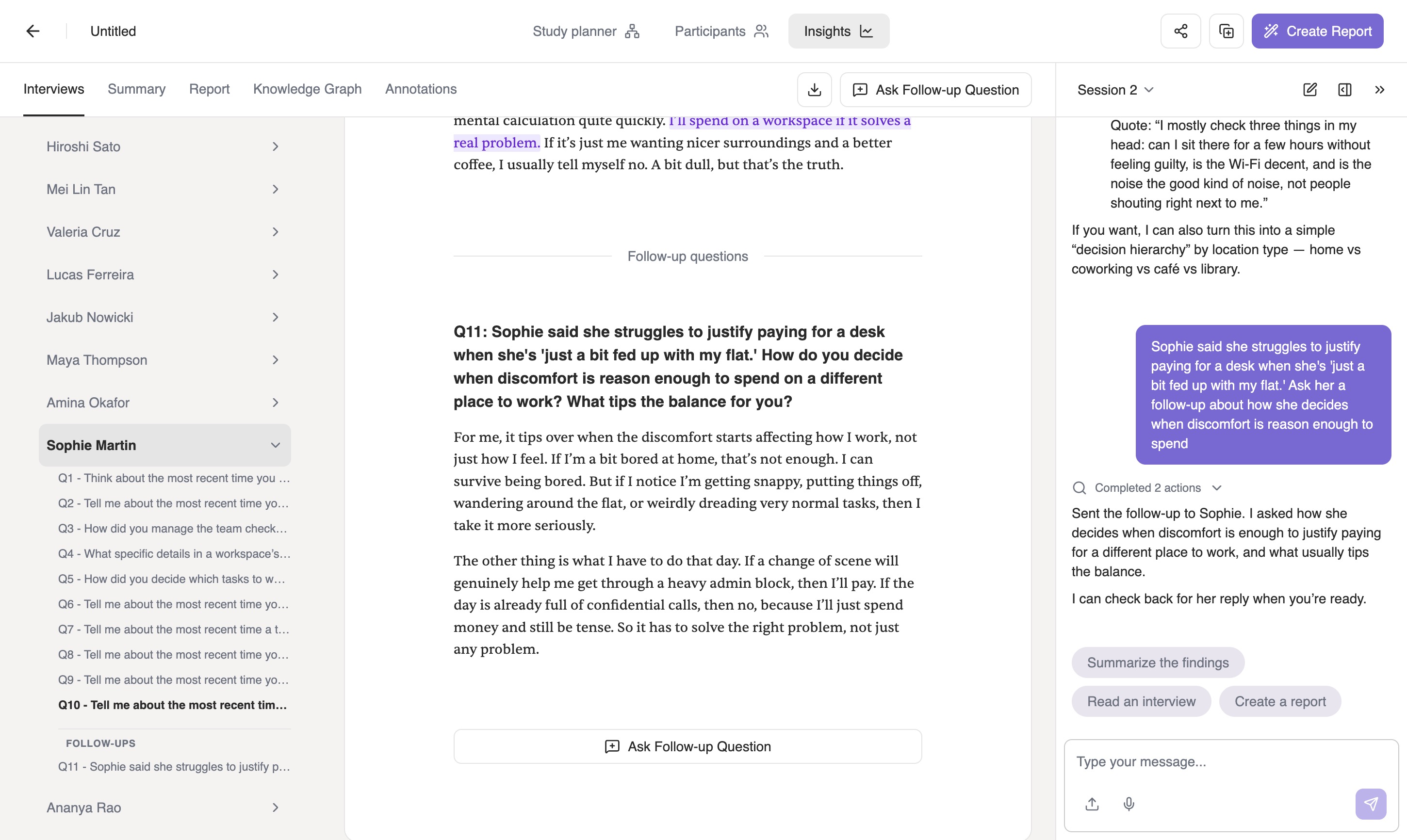Sophie's interview transcript with a Follow-up questions section containing Q11 and her full answer, while the chat panel confirms Iris sent the follow-up to Sophie.