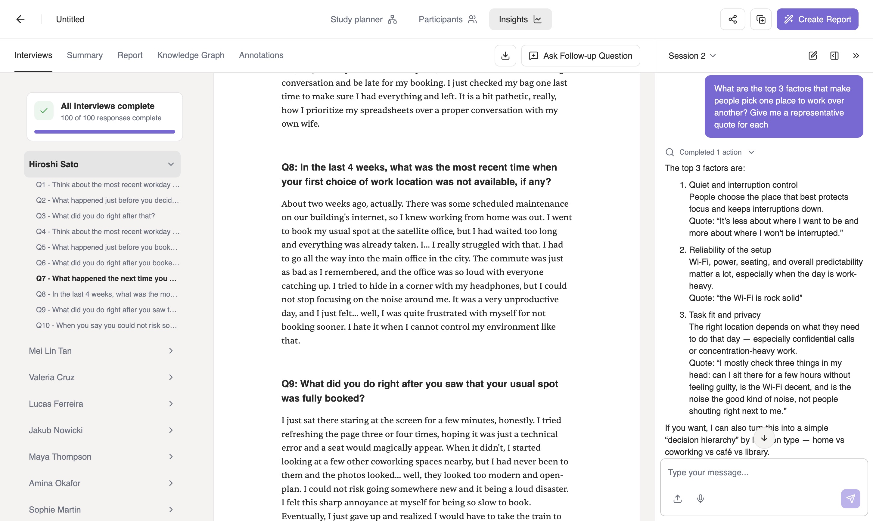 Iris's chat reply listing three ranked factors - quiet and interruption control, reliability of the setup, and task fit and privacy - each with a direct quote, next to the interviews panel showing a participant's full transcript.