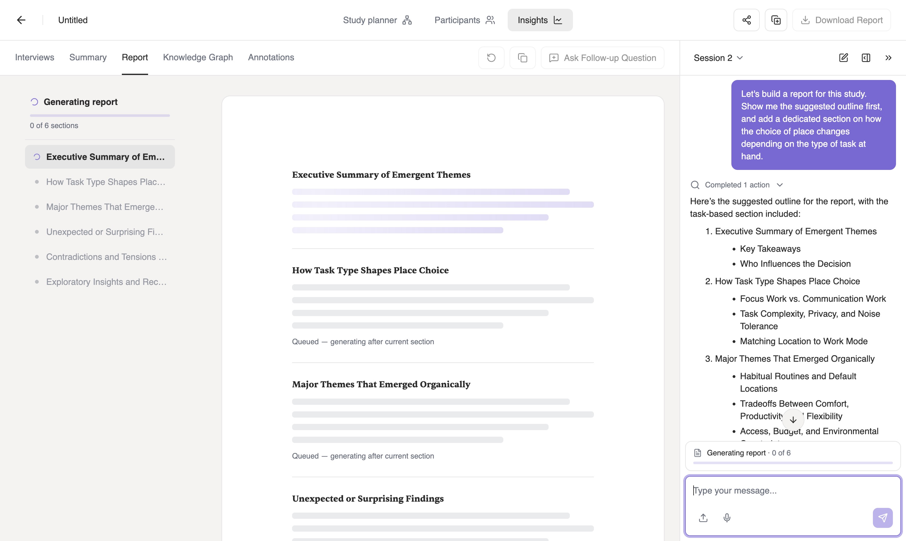 Iris proposing a six-section report outline in the chat, with How Task Type Shapes Place Choice as section two, while the report pane shows the section headings queued for generation.