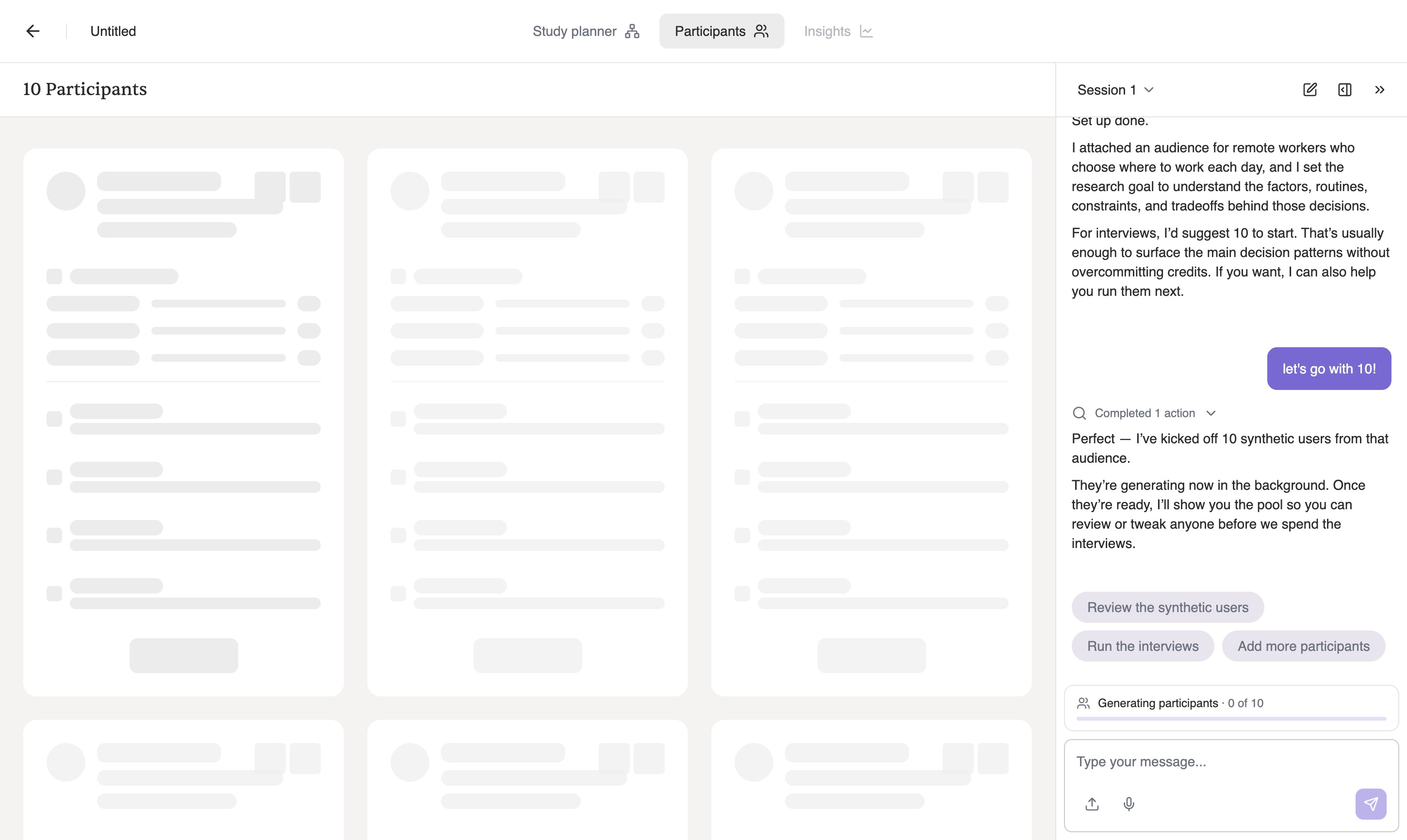 The Participants tab filling with ten placeholder participant cards while Iris confirms it has started generating them, with a pinned progress strip at the bottom of the chat reading Generating participants, 0 of 10.