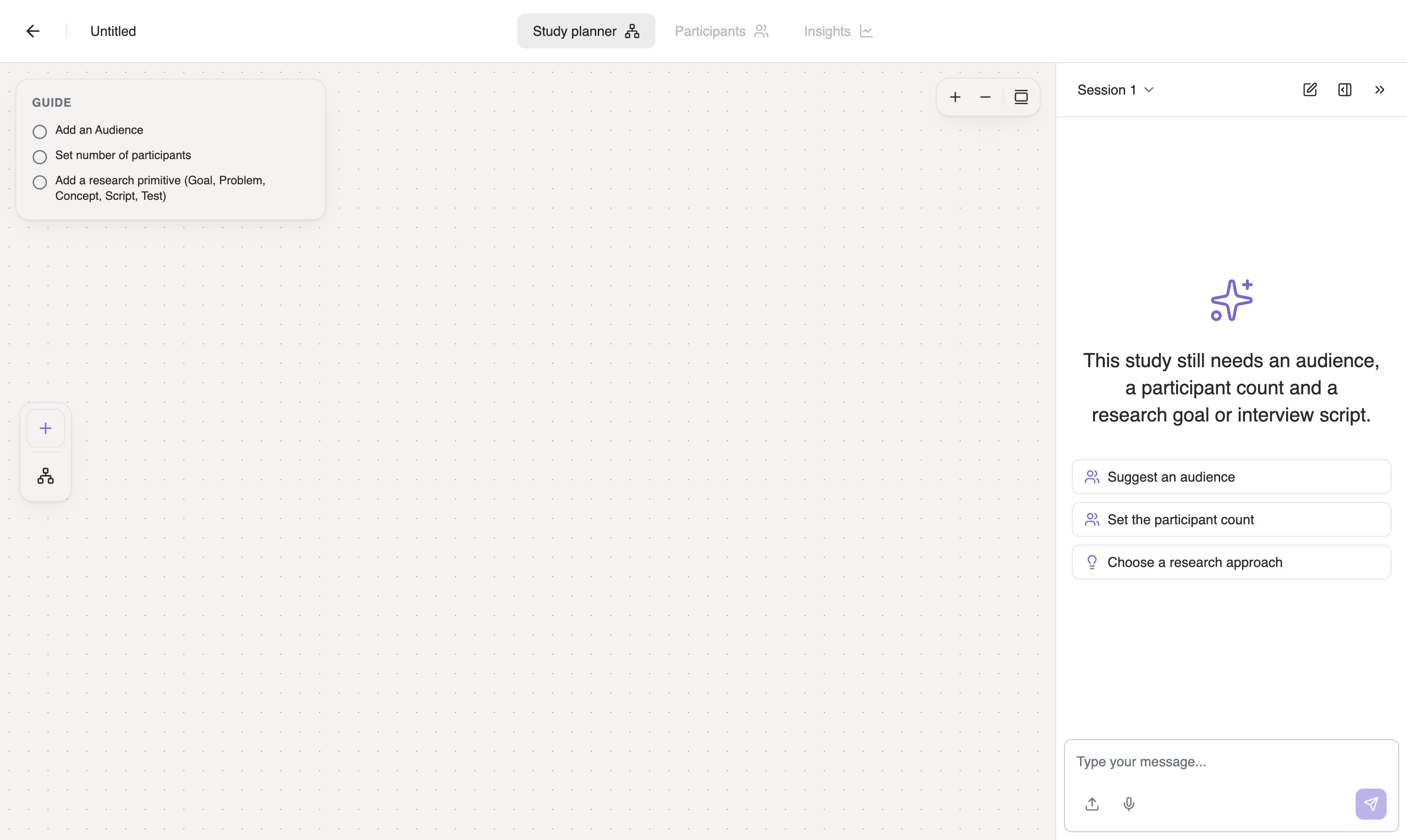 A freshly created, empty study in the study planner. The Guide checklist on the left shows three unstarted steps, and Iris's welcome message in the chat panel says the study still needs an audience, a participant count and a research goal or interview script.
