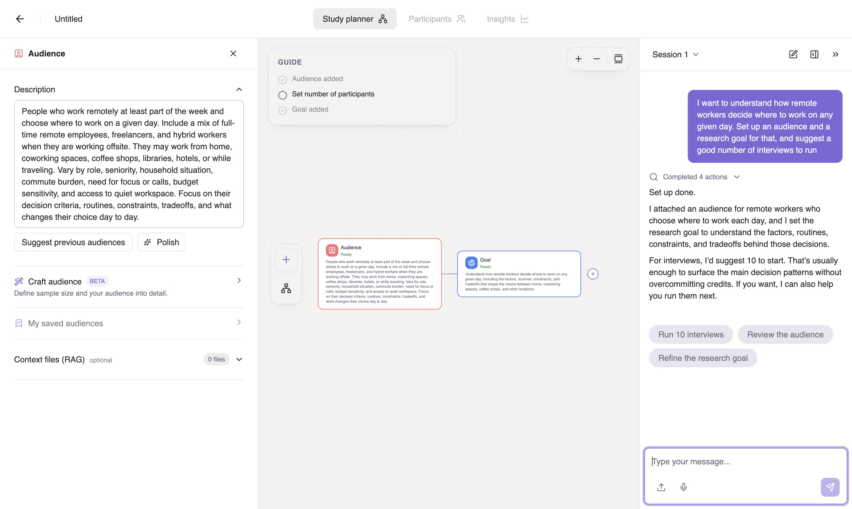 The study canvas with an Audience node and a Goal node filled in and connected, the Guide showing Audience added and Goal added as complete, and Iris's chat reply recommending 10 interviews to start.