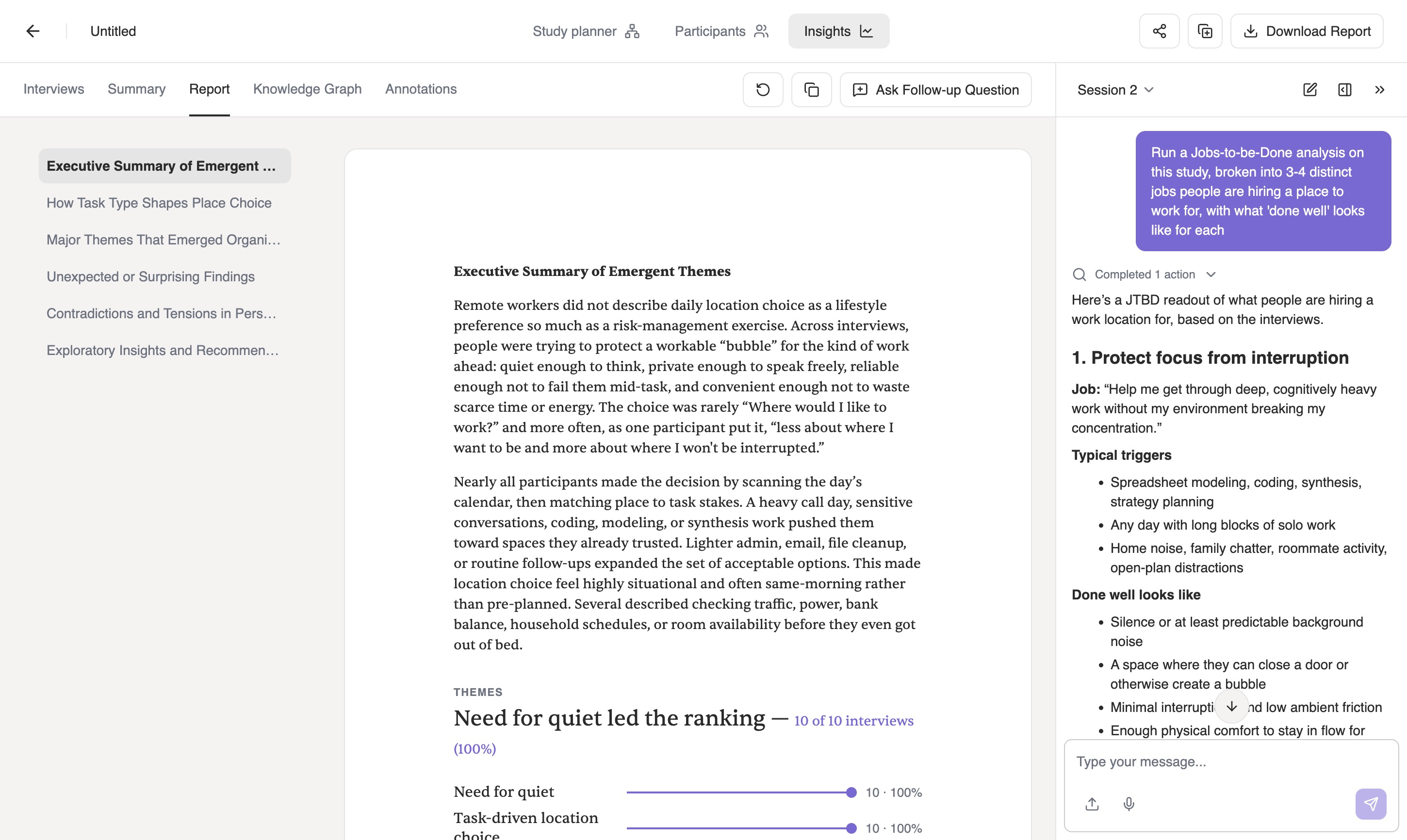 Iris structuring the study into a Jobs-to-be-Done analysis, showing the first job - protect focus from interruption - with its job statement, typical triggers and what done well looks like, beside the finished report.