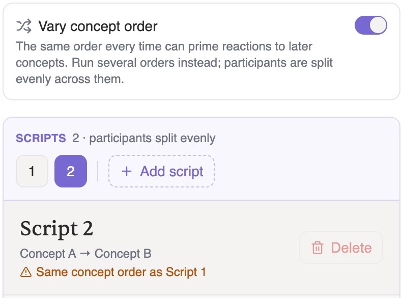 The Vary concept order toggle switched on, with Scripts 1 and 2 and Add script, and Script 2 selected showing Concept A then Concept B and the warning Same concept order as Script 1.