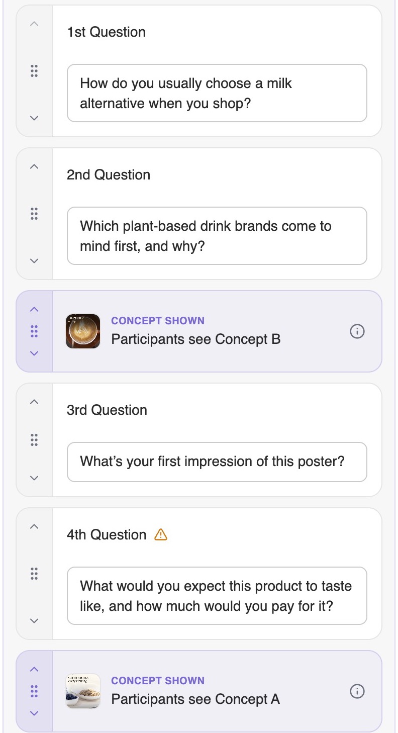 Script 2's rows: two questions, Participants see Concept B, two more questions, then Participants see Concept A.