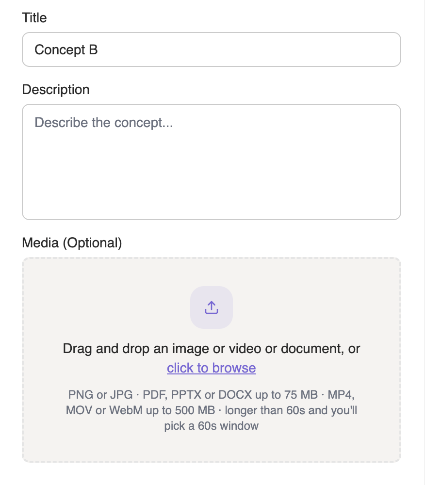 The concept form's Media area: drag and drop an image, video or document, with PNG or JPG, PDF, PPTX or DOCX up to 75 MB, and MP4, MOV or WebM listed.