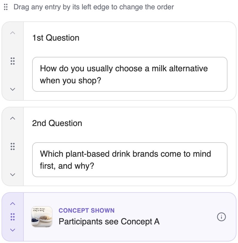 A custom script with two questions followed by a Concept shown row reading Participants see Concept A.