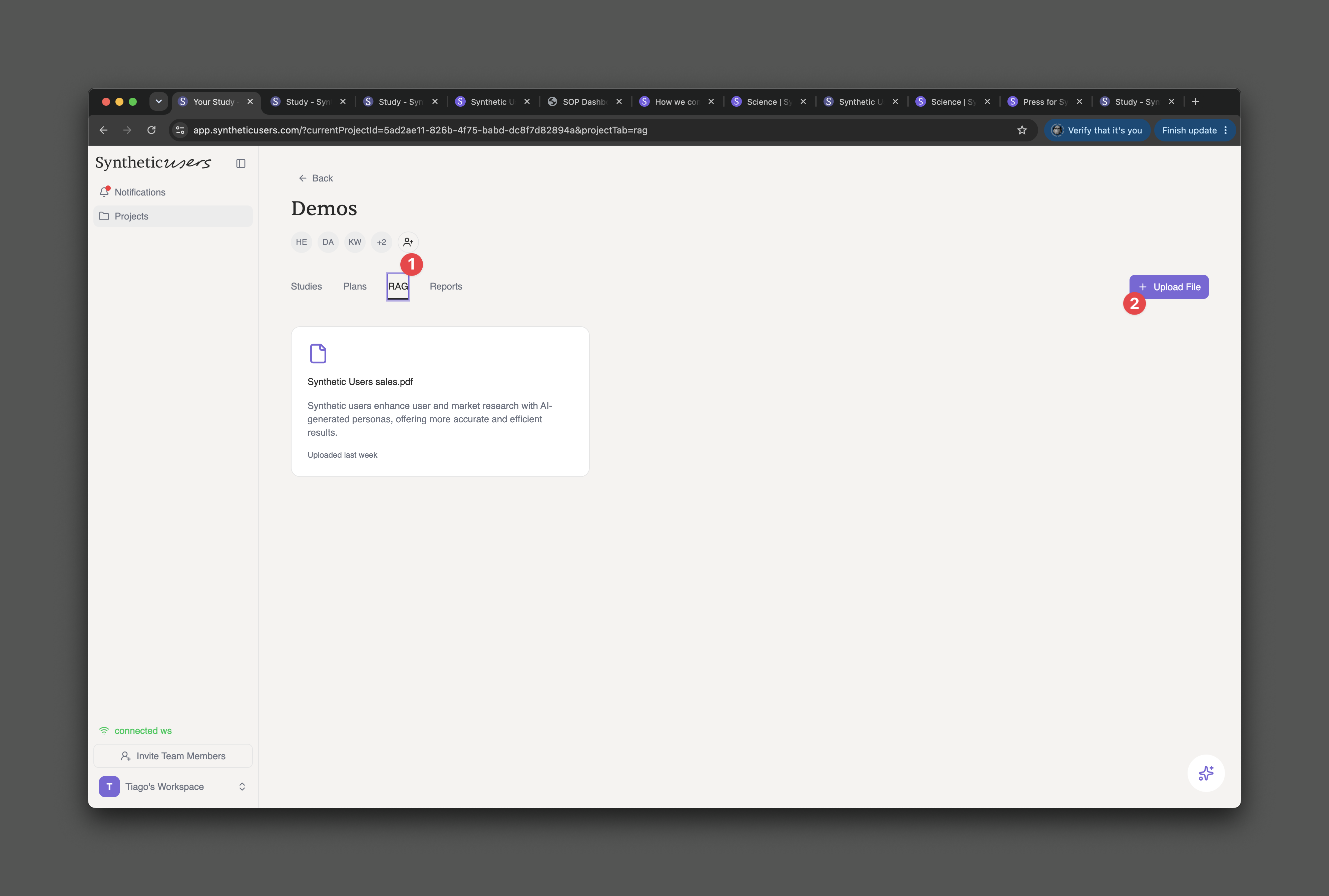 The RAG tab inside a project, with the Upload File button