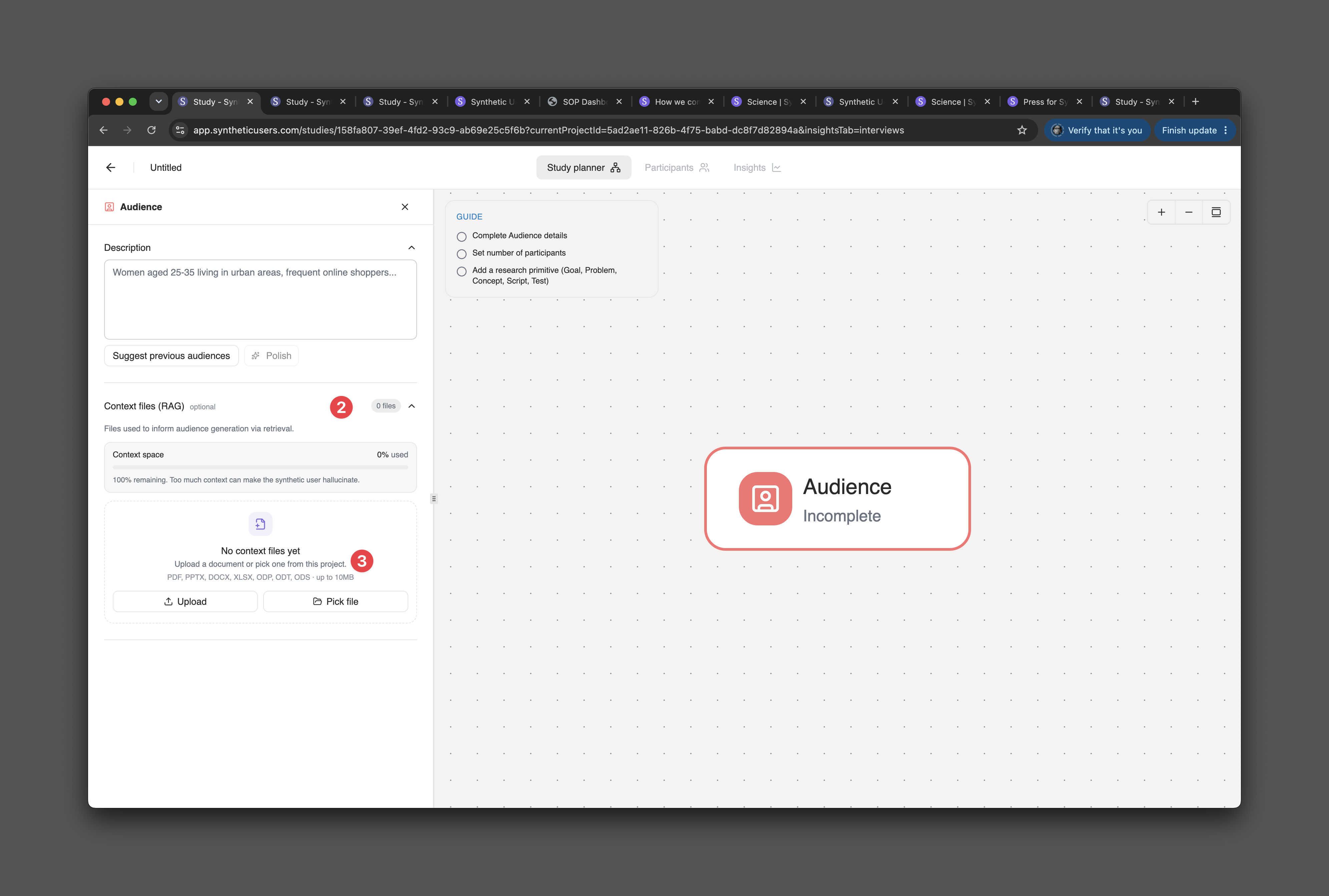 The Context files (RAG) section in the audience panel, with the upload picker and context space indicator
