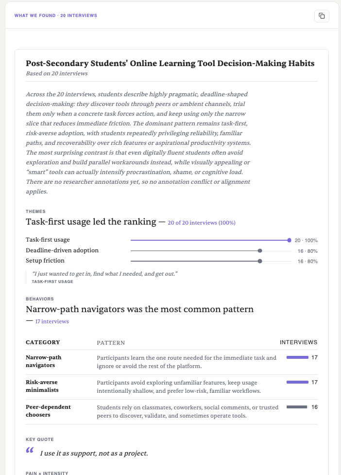 Top of a study summary showing the overview narrative, ranked themes, behavior patterns, and a key quote.