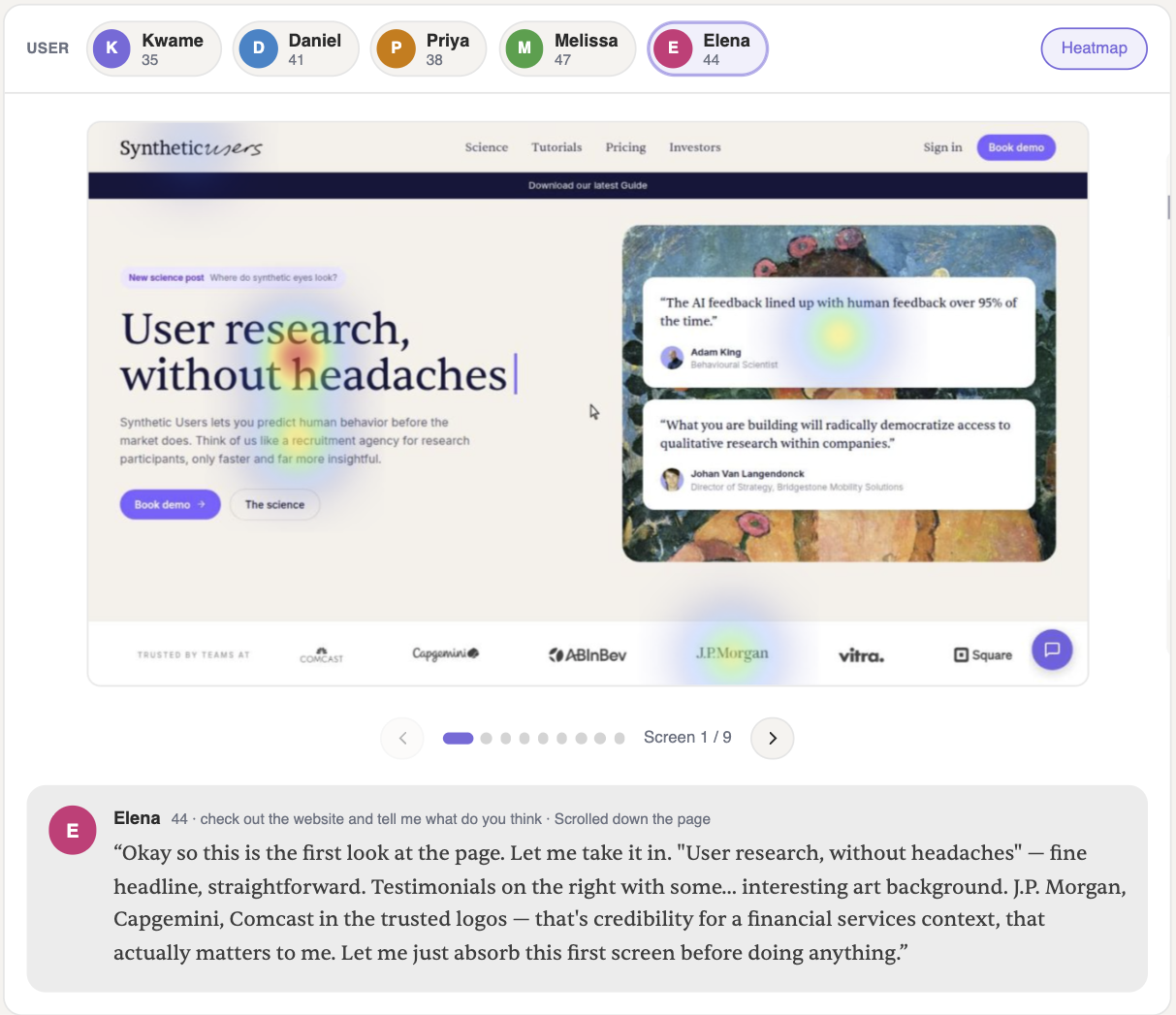 A participant's gaze map over a website screen during a walkthrough, with a participant selector at the top, a screen pager below, and a think-aloud transcript underneath.