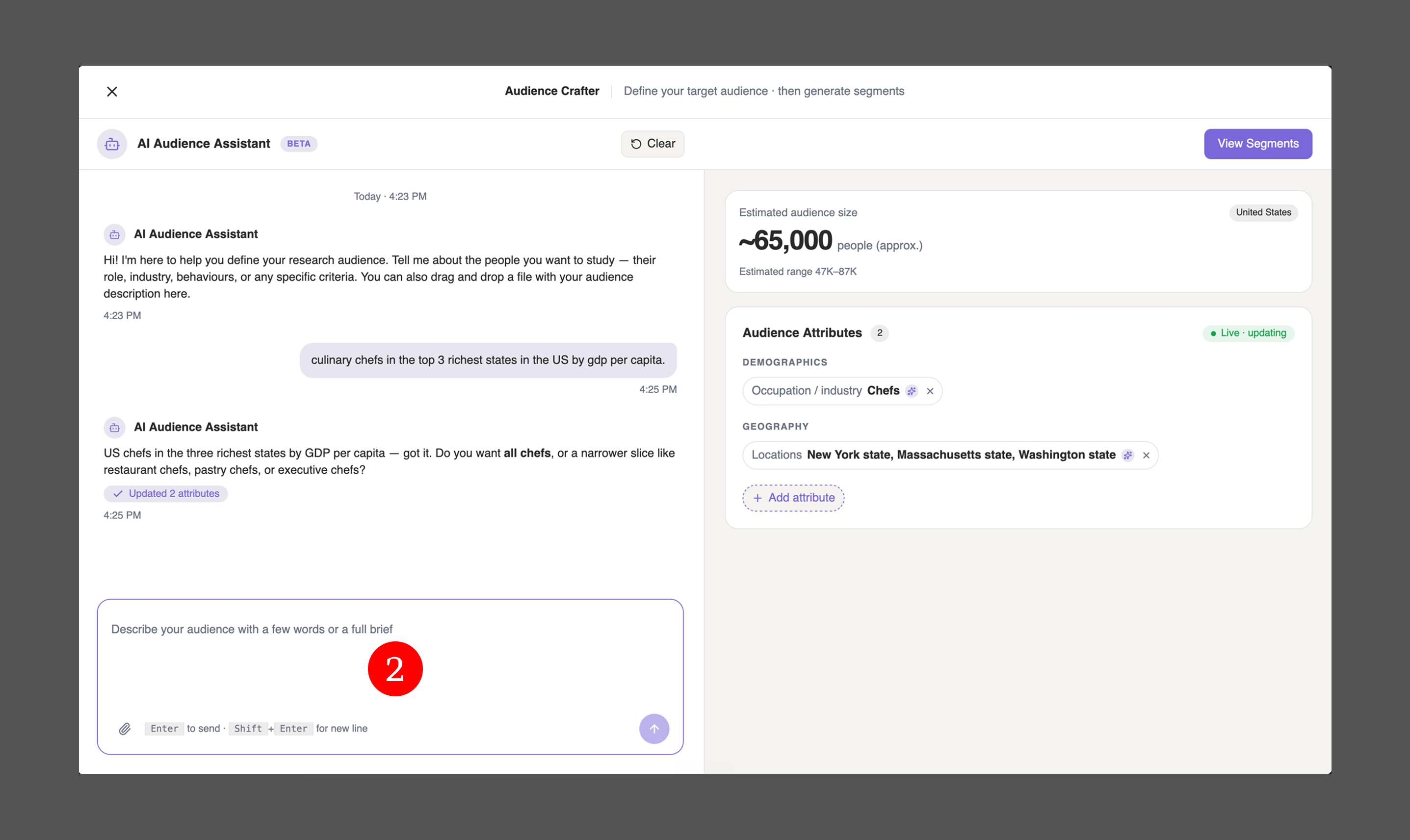 The Audience Crafter: AI Audience Assistant on the left, estimated size and attributes on the right