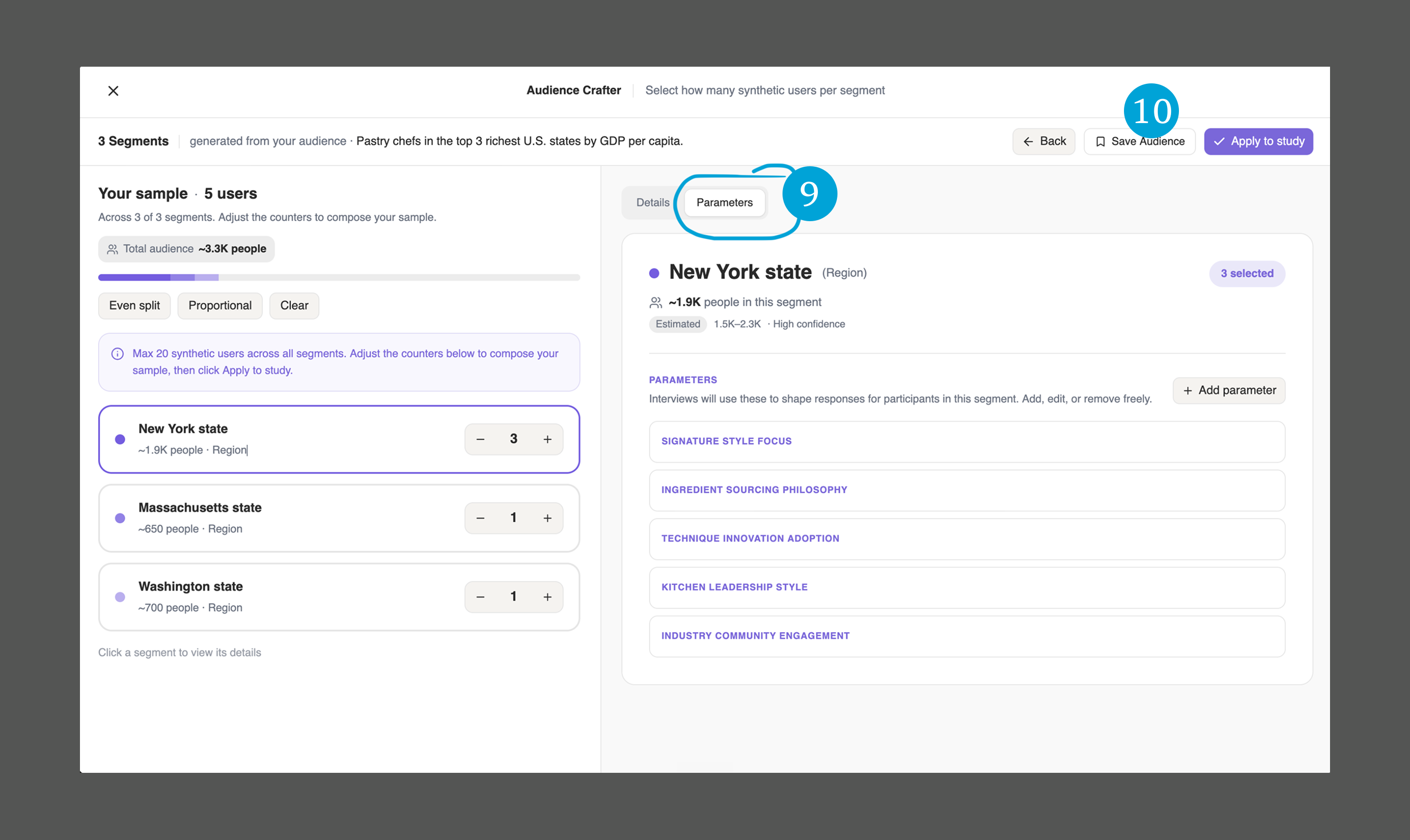 The Parameters tab showing a segment's dynamic parameters, with the Save Audience button highlighted