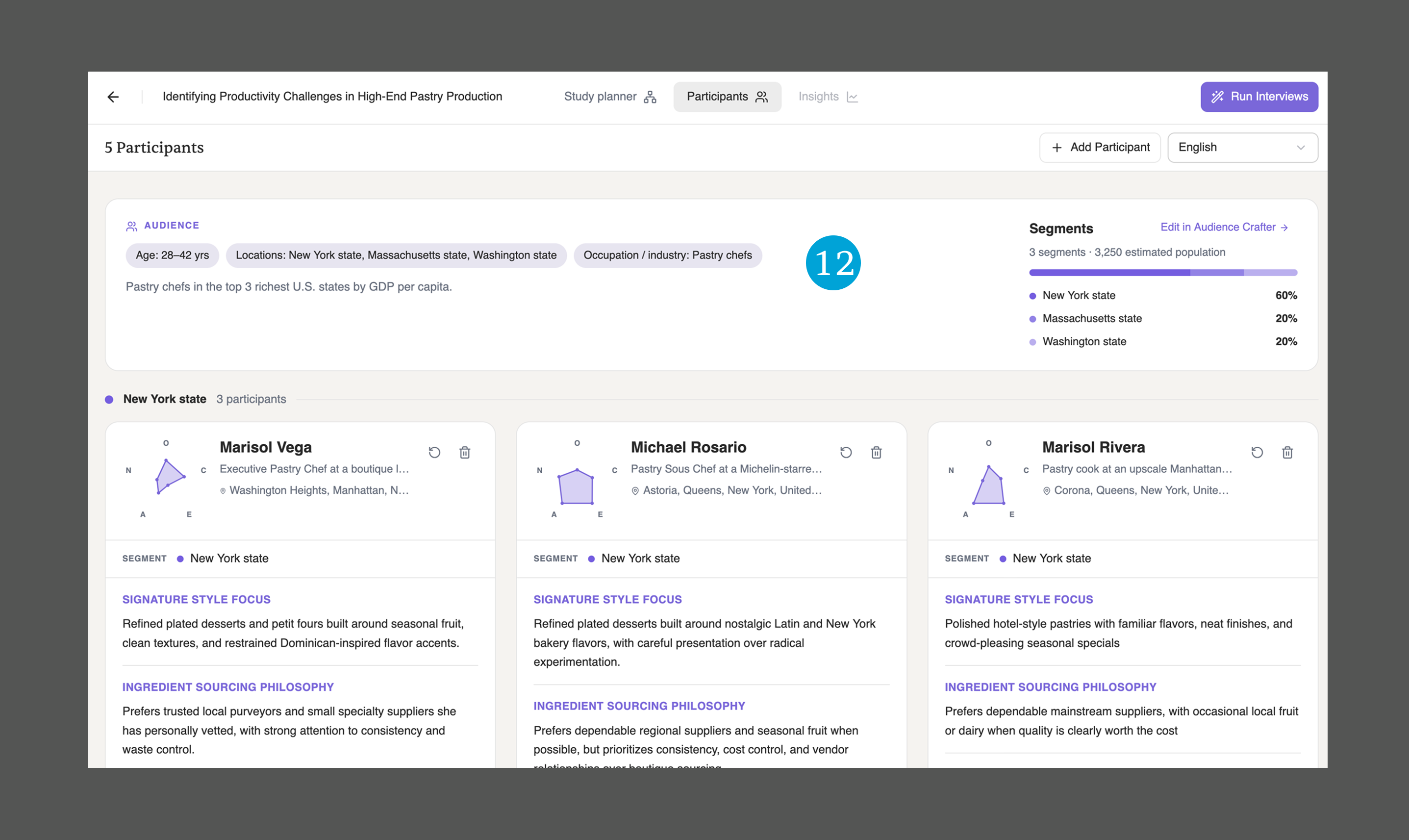 The Participants page with synthesized users and a summary of the segmentation data