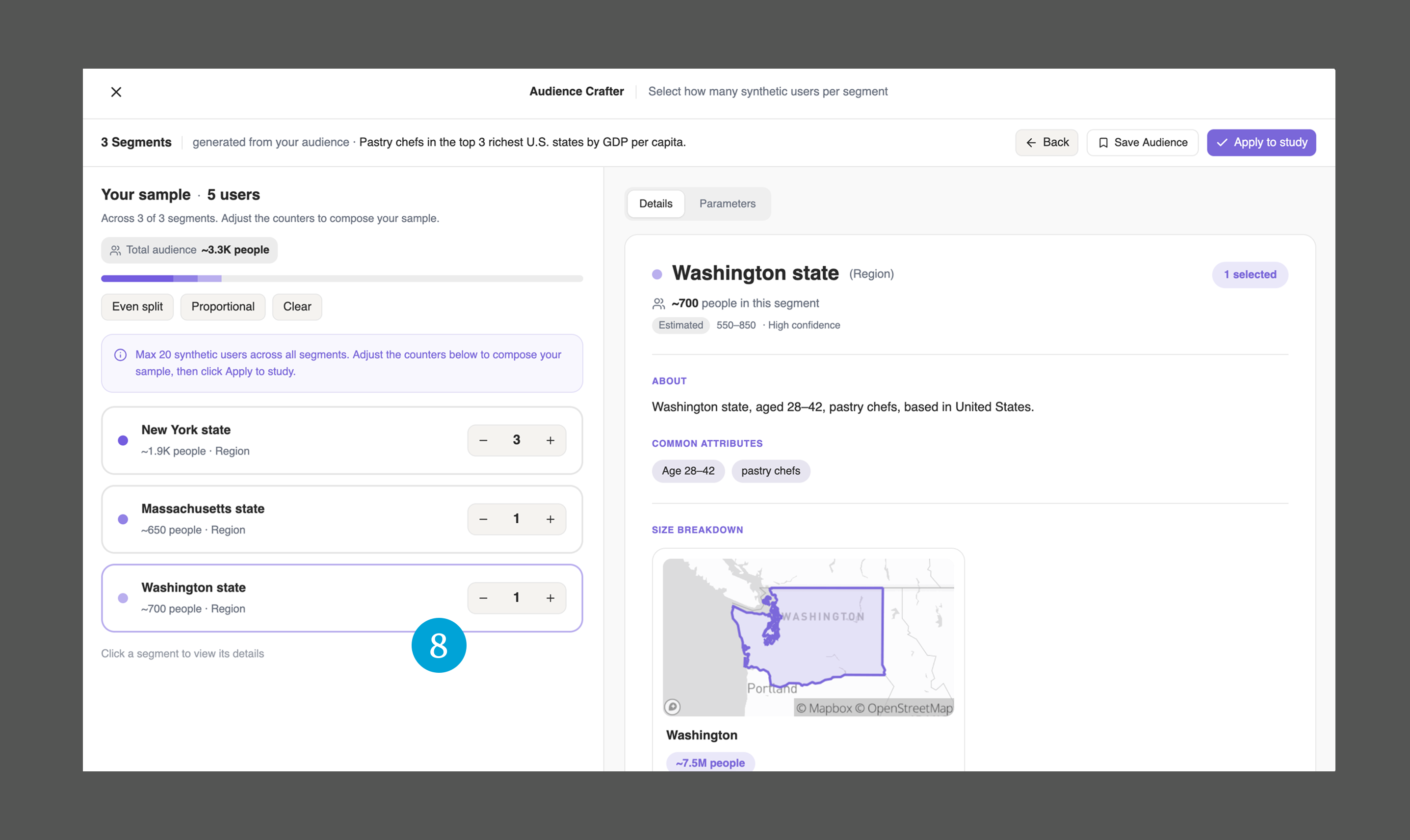 Three generated segments — New York, Massachusetts, and Washington — with counters to set synthetic users per segment