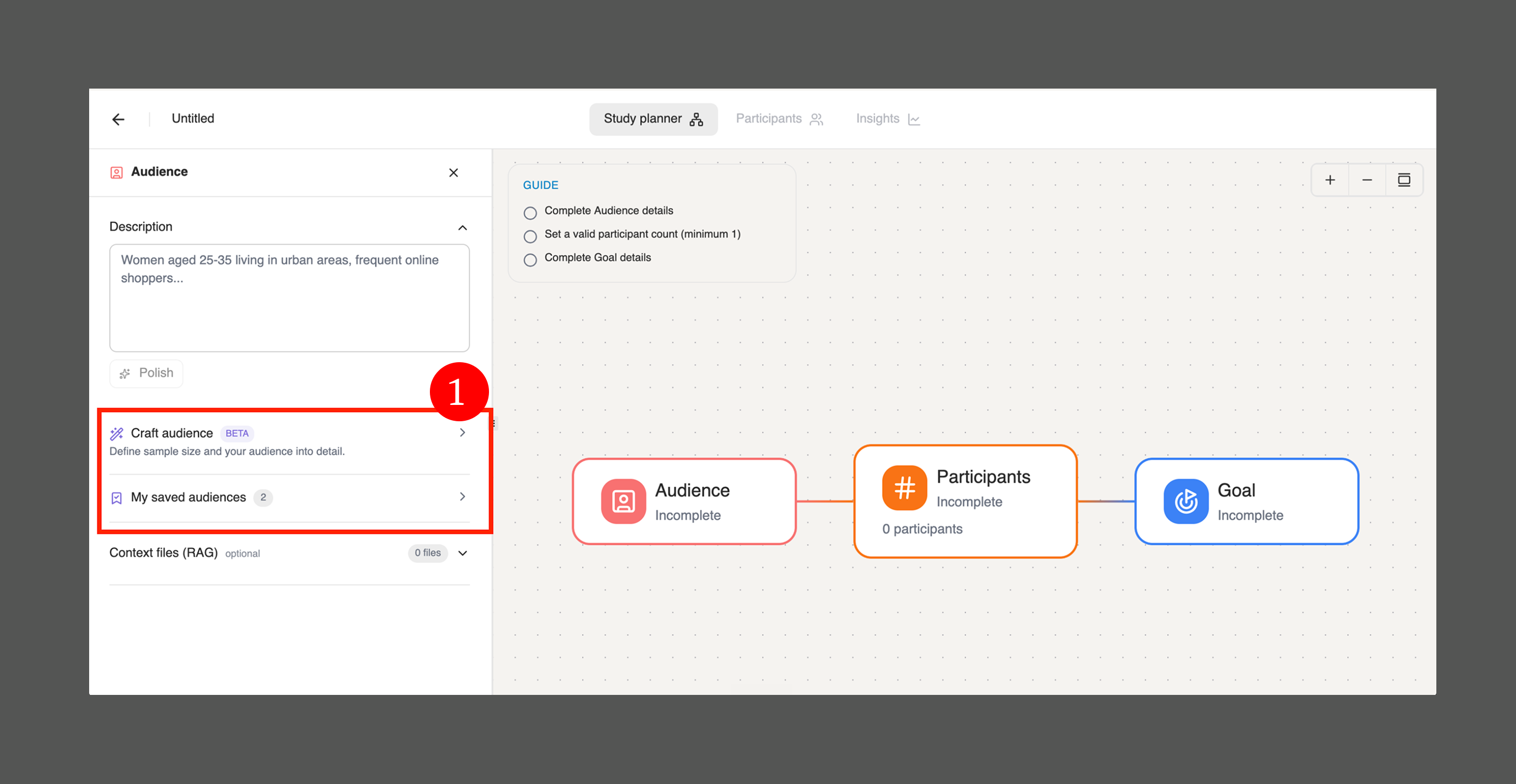 The Audience node in the study planner, with Craft audience and My saved audiences highlighted