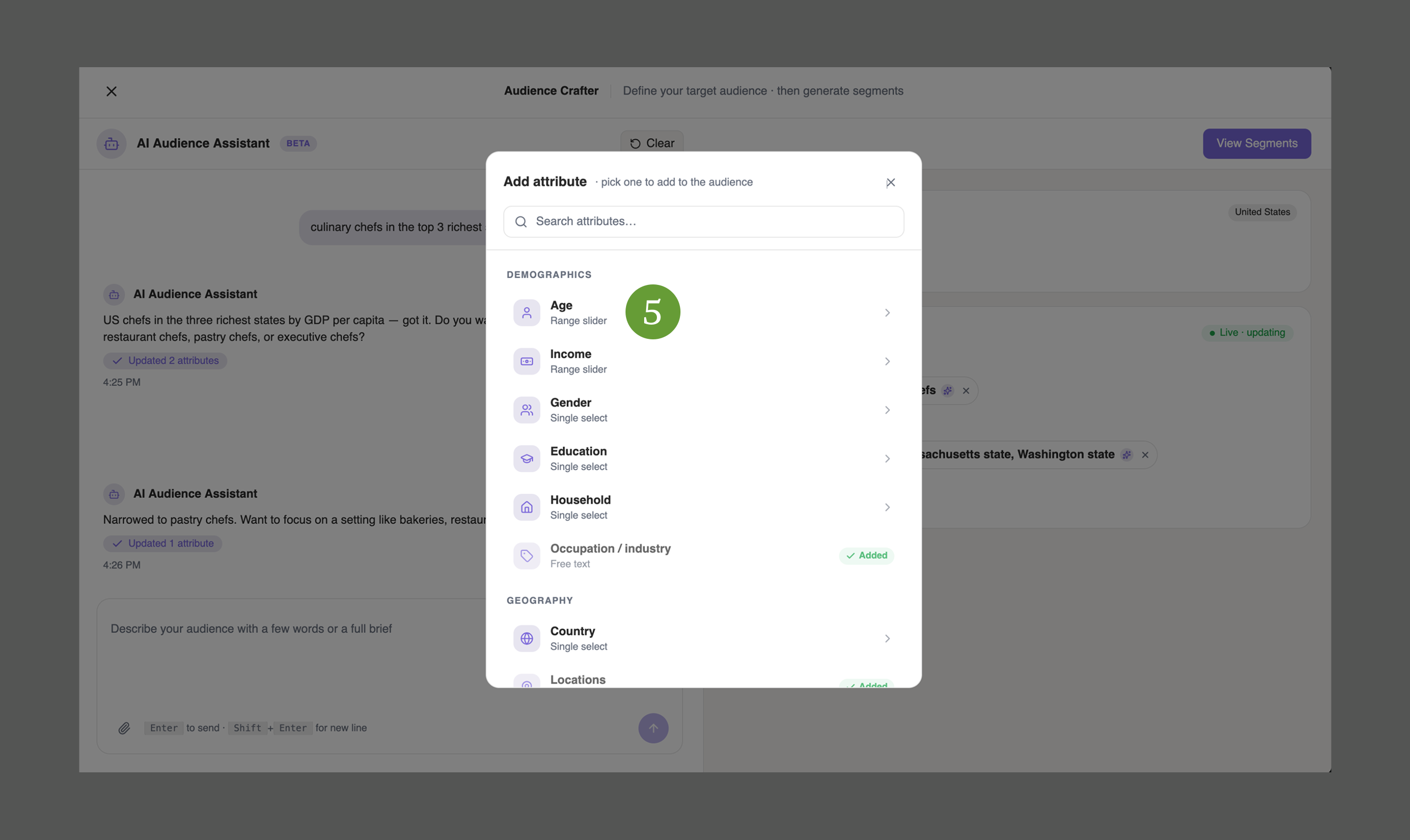 The Add Attribute dialog with demographic and geographic attributes