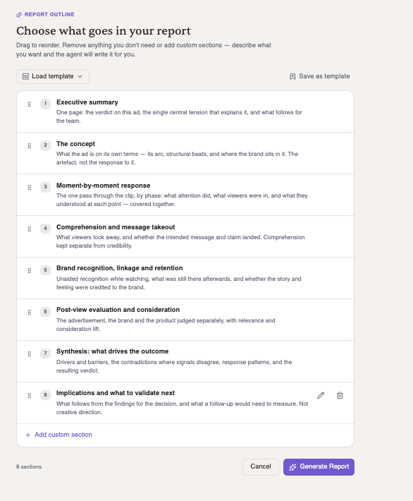 The report outline editor titled Choose what goes in your report, listing eight default sections with descriptions