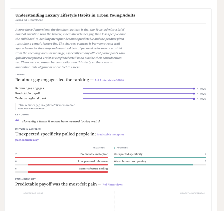 A page of the generated report showing a summary paragraph, ranked themes, a key quote, and drivers and barriers as positive and negative bars